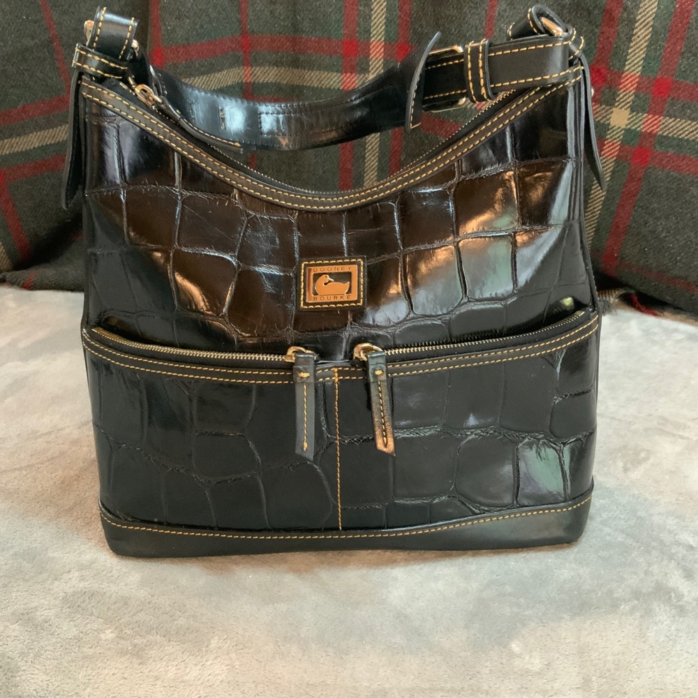 Dooney & Bourke Black Croc Embossed Leather Hobo Shoulder Bag Duck Logo
